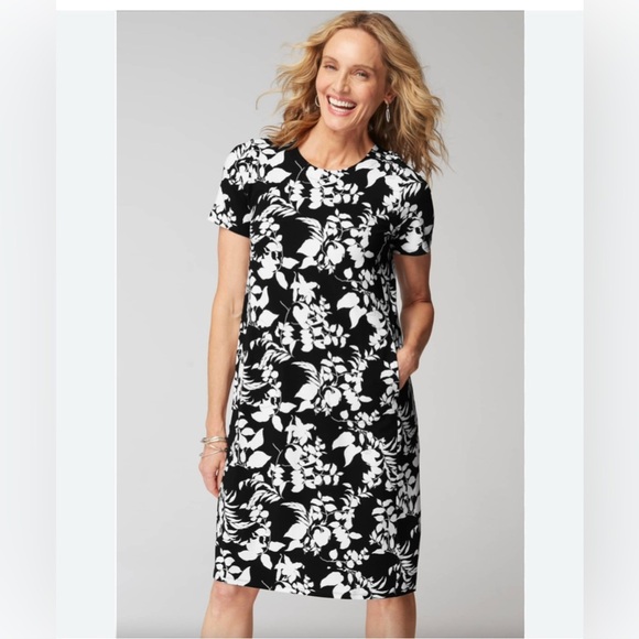 J Jill Wearever Collection Floral Shift Dress Black White Short Sleeve Women’s L - Picture 7 of 12